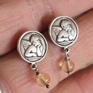 Vintage 925 sterling silver cherub guardian angels casted citrine quartz earring